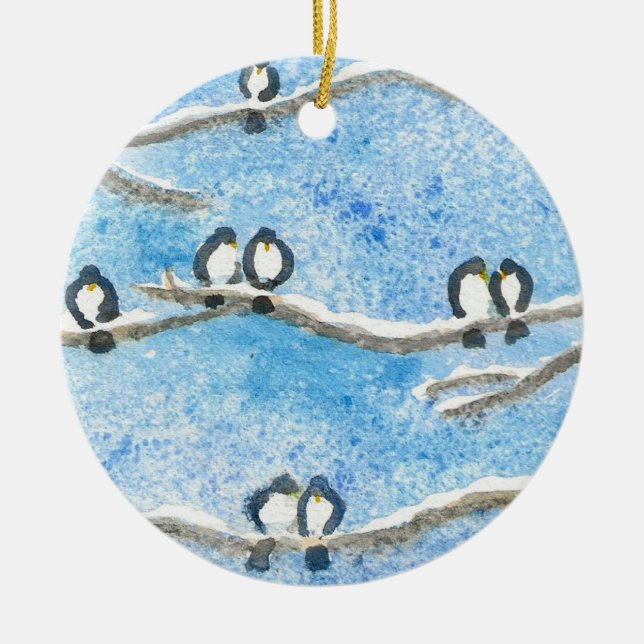 Chickadee on Tree Branches in Winter Snow  Gift Ta Ceramic Ornament (Front)