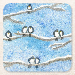 Chickadee on Tree Branches in Winter Snow Gift Ta Square Paper Coaster