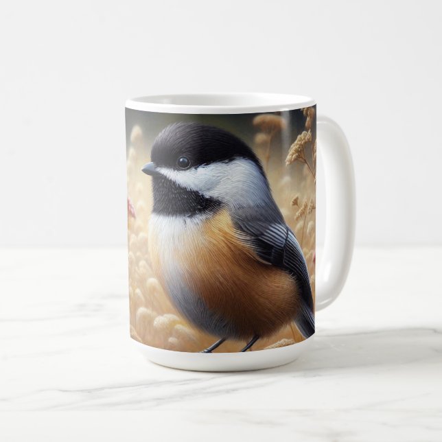 Chickadee Perched on Fence  Coffee Mug (Front Right)