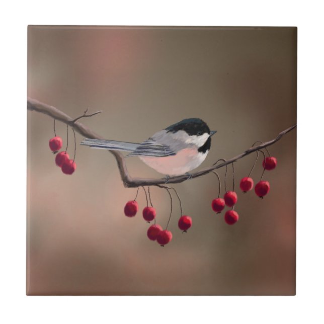 CHICKADEE & RED BERRIES 2 by SHARON SHARPE Ceramic Tile (Front)