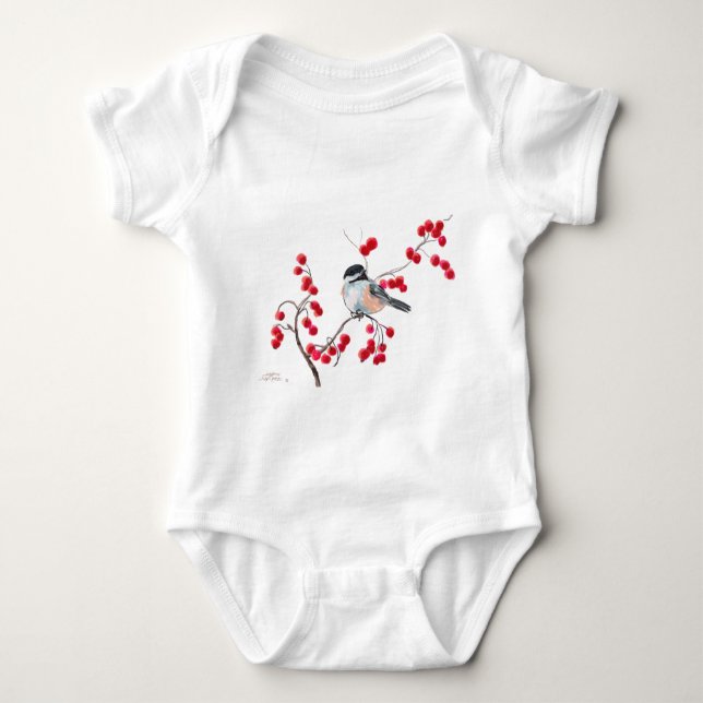 CHICKADEE & RED BERRIES by SHARON SHARPE Baby Bodysuit (Front)