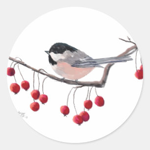 CHICKADEE & RED BERRIES by SHARON SHARPE Classic Round Sticker