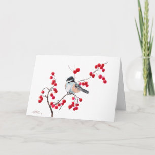 CHICKADEE & RED BERRIES by SHARON SHARPE Holiday Card