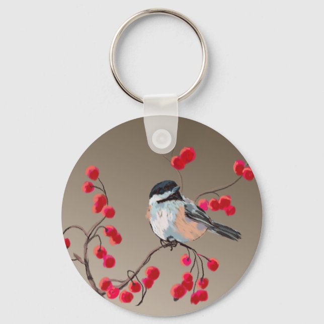 CHICKADEE & RED BERRIES by SHARON SHARPE Key Ring (Front)