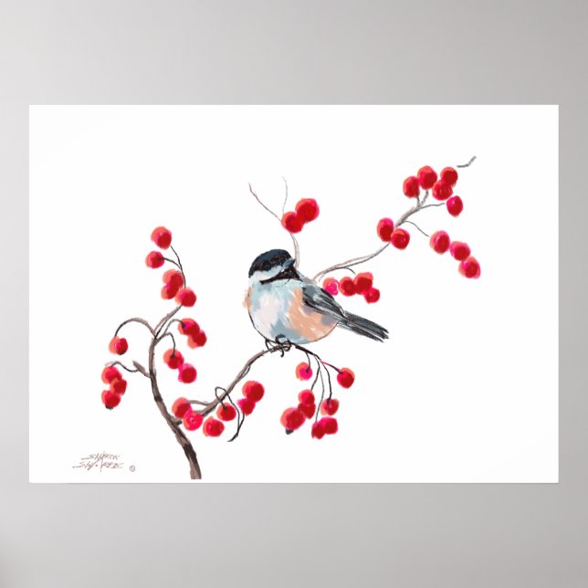 CHICKADEE & RED BERRIES by SHARON SHARPE Poster (Front)