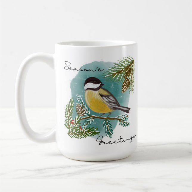 Chickadee Season's Greetings Holiday Coffee Mug (Left)