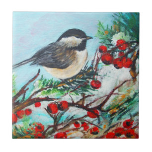 Chickadee-Sweet Winter Black-Capped Chickadee Bird Ceramic Tile