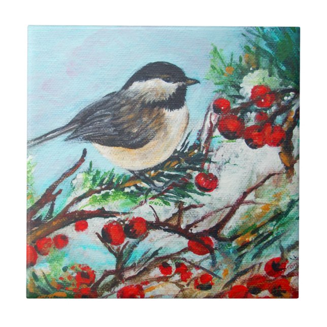 Chickadee-Sweet Winter Black-Capped Chickadee Bird Ceramic Tile (Front)