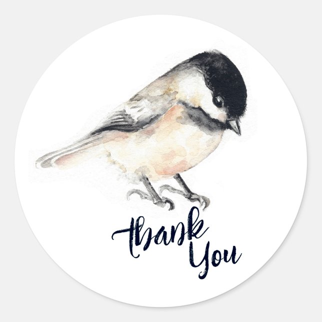 Chickadee Thank You Classic Round Sticker (Chickadee Watercolor Art round sticker from Jenn's Emporium. )