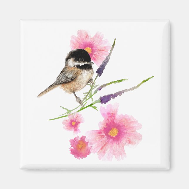 Chickadee Watercolor Bird Pink Flowers Magnet (Front)