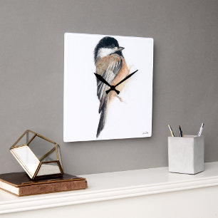 Chickadee Watercolor Square Wall Clock
