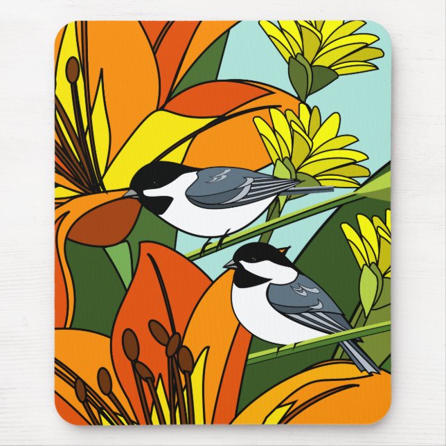 Chickadee With Floral Print Mouse Pad (Front)