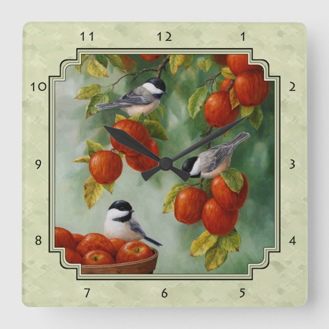 Chickadees and Apple Tree Green Square Wall Clock (Front)