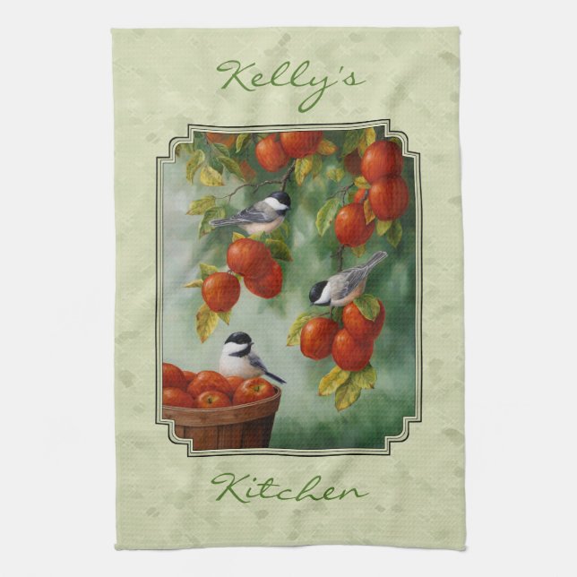 Chickadees and Apple Tree Green Tea Towel (Vertical)