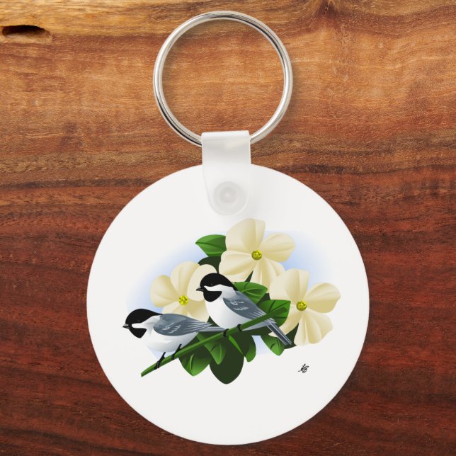 Chickadees and Dogwood Flower Key Ring (Front)