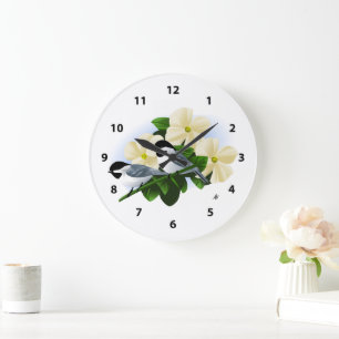 Chickadees and Dogwood Flower Large Clock