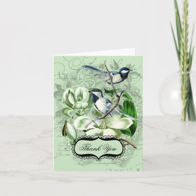 Chickadees and  Magnolias Thank You Note Cards (Front)