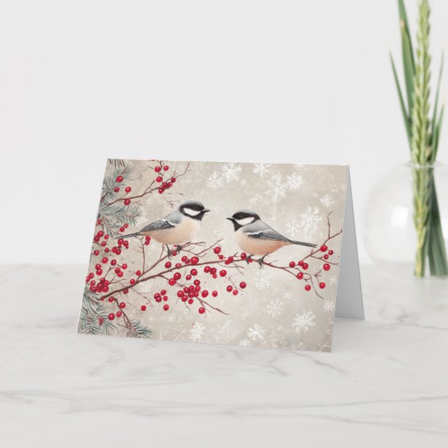 Chickadees and Red Berries with Snowflakes Card (Front)