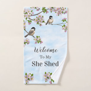 Chickadees & Apple Blossoms She Shed Personalise Bath Towel Set
