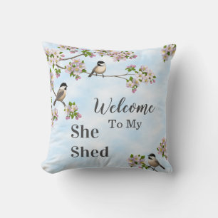Chickadees & Apple Blossoms She Shed Personalise Cushion