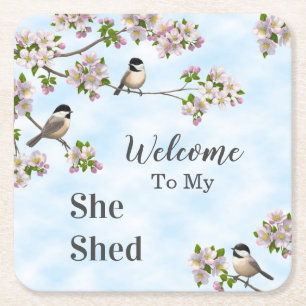 Chickadees & Apple Blossoms She Shed Personalise Square Paper Coaster