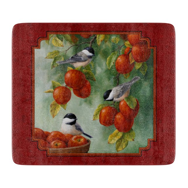 Chickadees Apple Harvest Red Cutting Board (Front)
