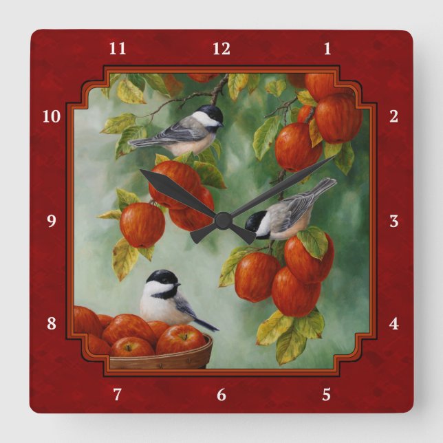 Chickadees Apple Harvest Red Square Wall Clock (Front)