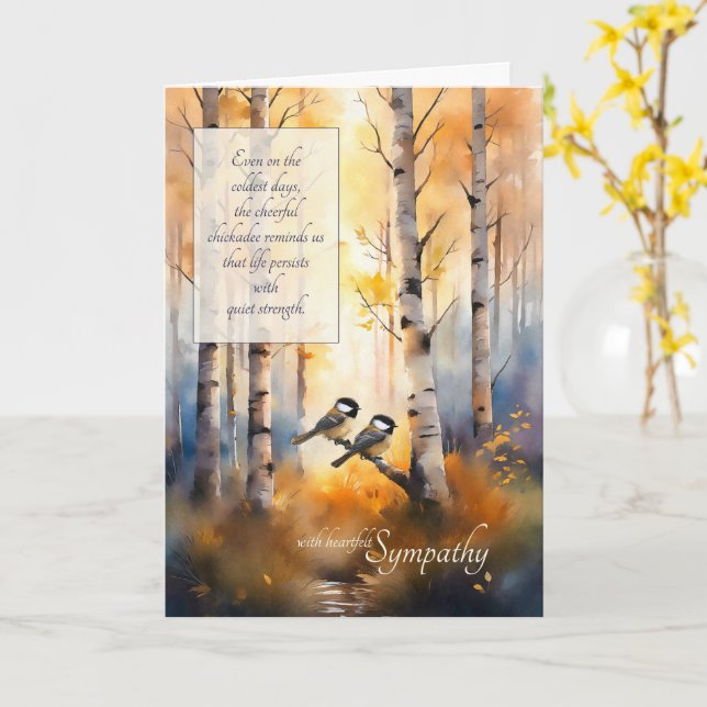 Chickadees Autumn Birch Tree Forest Sympathy Card (Yellow Flower)
