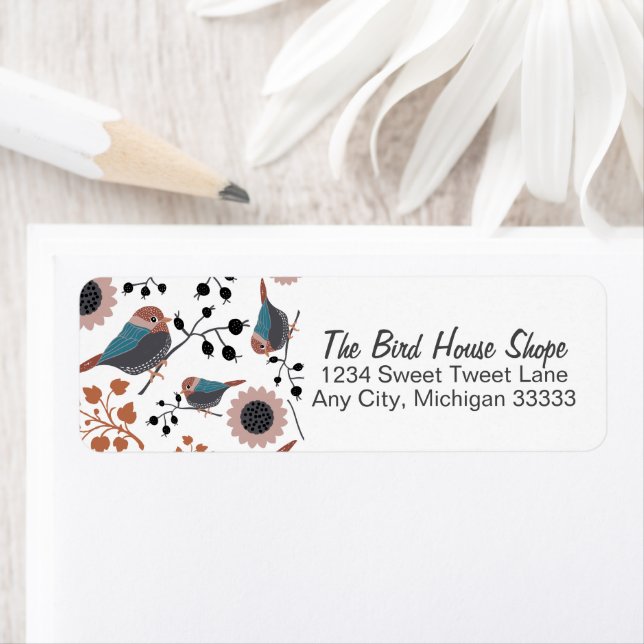 Chickadees Berries And Flowers Pattern Return Address Label (Insitu)