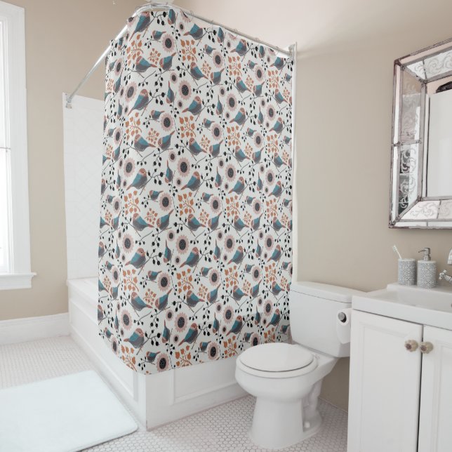 Chickadees Blue Rust Black Pattern Shower Curtain (In Situ)