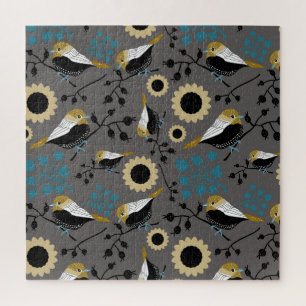 Chickadees Flowers Berries Gray Black Gold Pattern Jigsaw Puzzle