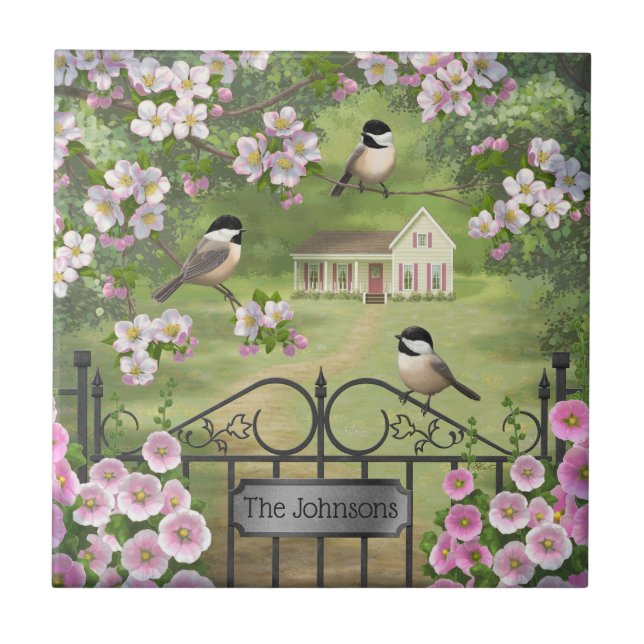 Chickadees Flowers Victorian Farmhouse Ceramic Tile (Front)