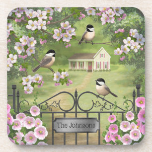 Chickadees Flowers Victorian Farmhouse Coaster