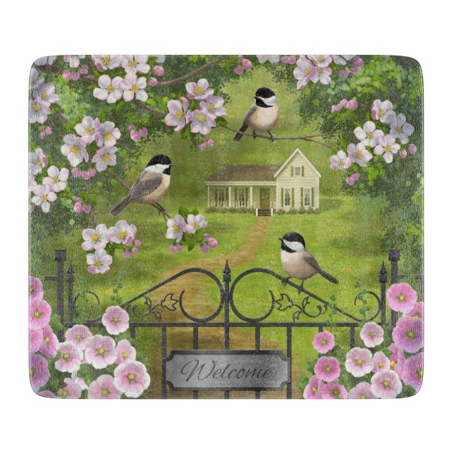 Chickadees Flowers Victorian Farmhouse Cutting Board (Front)