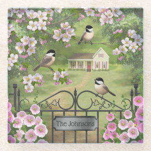 Chickadees Flowers Victorian Farmhouse Glass Coaster