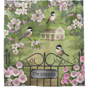 Chickadees Flowers Victorian Farmhouse Shower Curtain