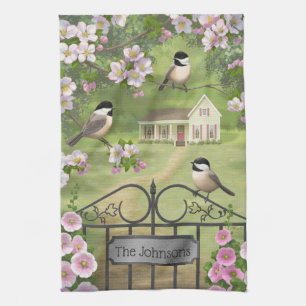 Chickadees Flowers Victorian Farmhouse Tea Towel