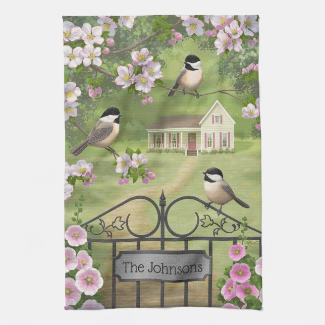 Chickadees Flowers Victorian Farmhouse Tea Towel (Vertical)