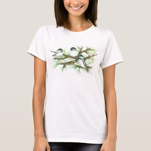 Chickadees in a Tree Watercolor Birds T-Shirt (Front)