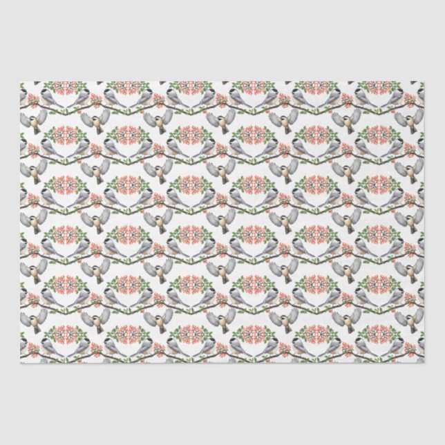 Chickadees in Red Berry Vines Tissue Paper (Front)