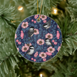 Chickadees in the wild rose ceramic ornament