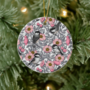 Chickadees in the wild rose ceramic ornament