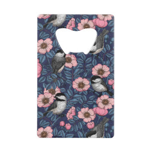 Chickadees in the wild rose in pink and blue