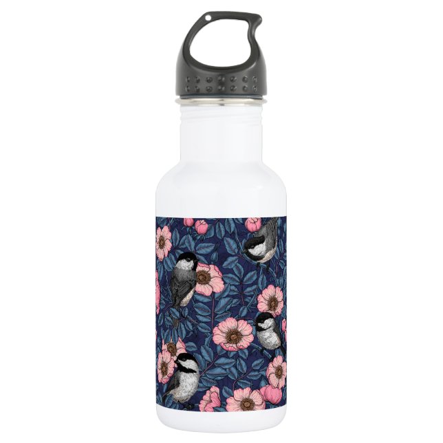Chickadees in the wild rose in pink and blue 532 ml water bottle (Front)