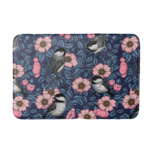 Chickadees in the wild rose in pink and blue bath mat