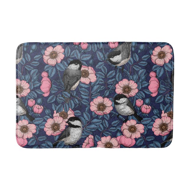 Chickadees in the wild rose in pink and blue bath mat (Front)