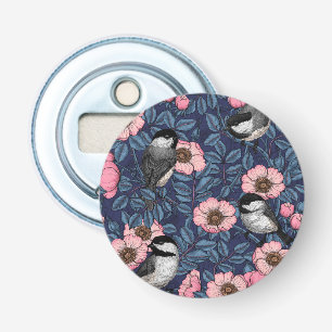 Chickadees in the wild rose in pink and blue bottle opener