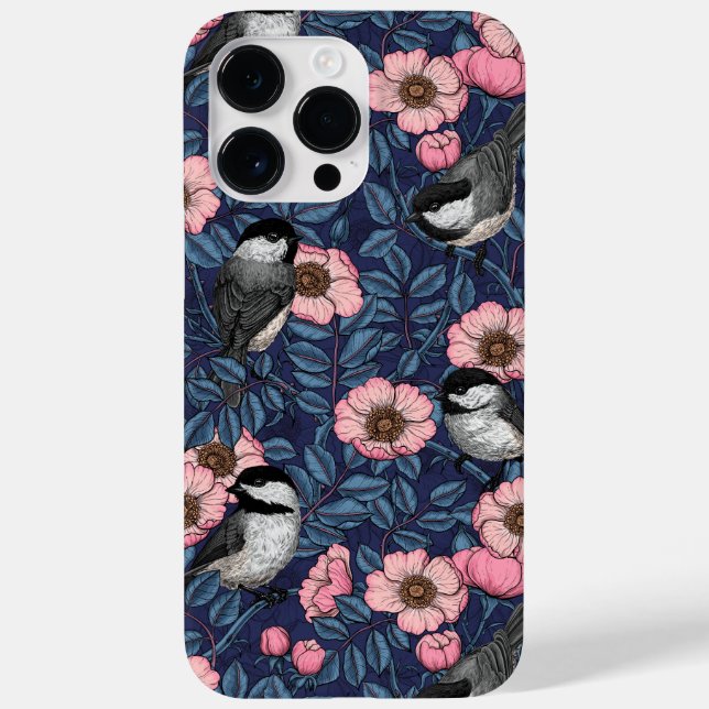 Chickadees in the wild rose in pink and blue Case-Mate iPhone case (Back)