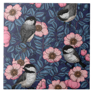 Chickadees in the wild rose in pink and blue ceramic tile