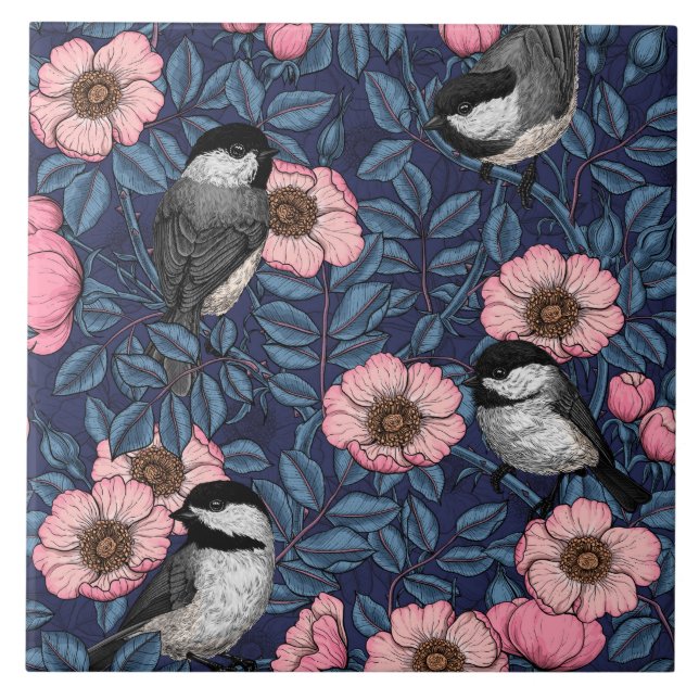 Chickadees in the wild rose in pink and blue ceramic tile (Front)